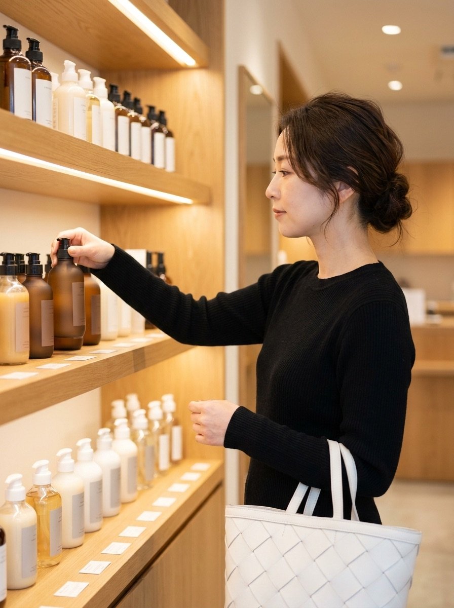 棚から気になるヘアケアを手に取って選ぶお客様